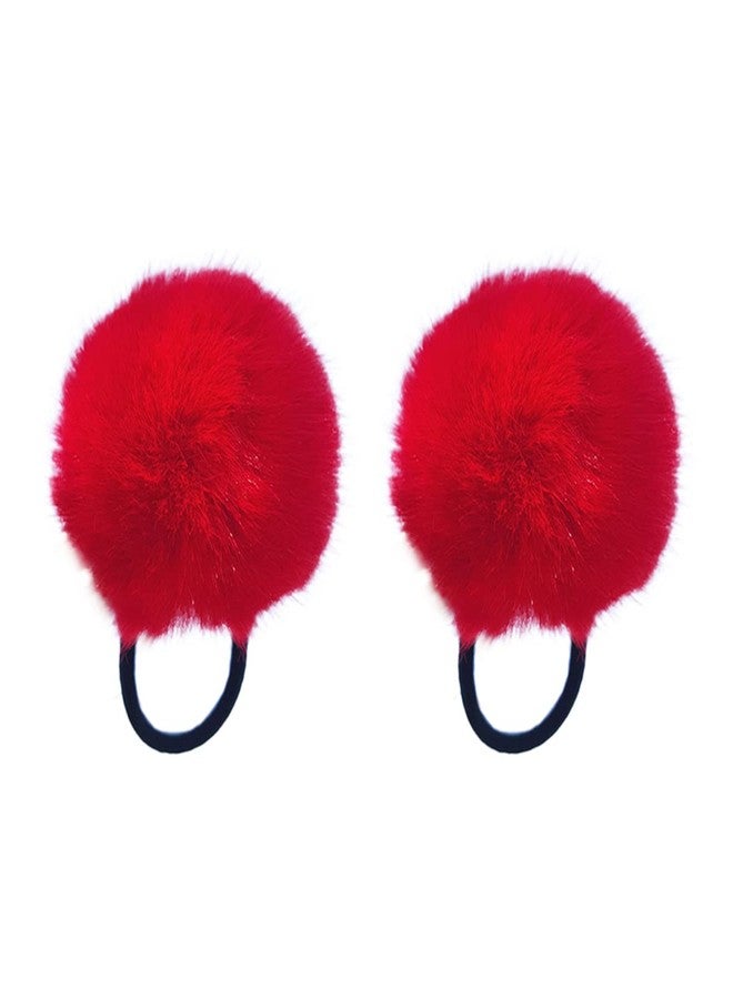 ECYC Pom Hair Ties, 2 Pcs Cute Pompom Hair Bands Fluffy Ponytail Holders for Women Girls, Red - Image 1